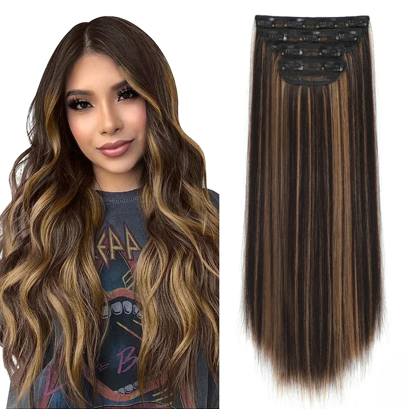 

Synthetic Ombre Wave Clip in Hair Extensions 4 PCS Long Thick Highlighted Clip in Hairpieces 20 Inch Hair Extension for Women