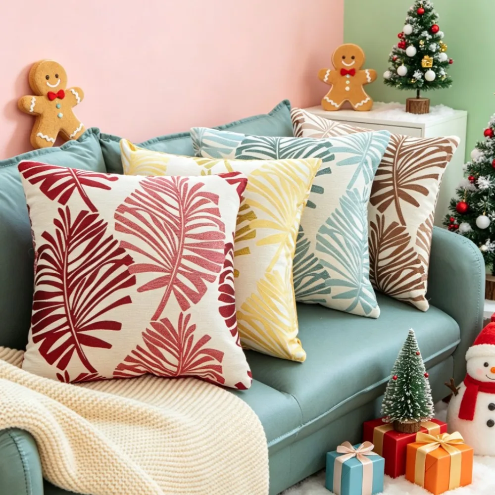 Vintage Leaf Jacquard 45x45cm Cushion Cover Set Soft Breathable Decorative Pillowcases for Couch Christmas Gift Red Pillowcase