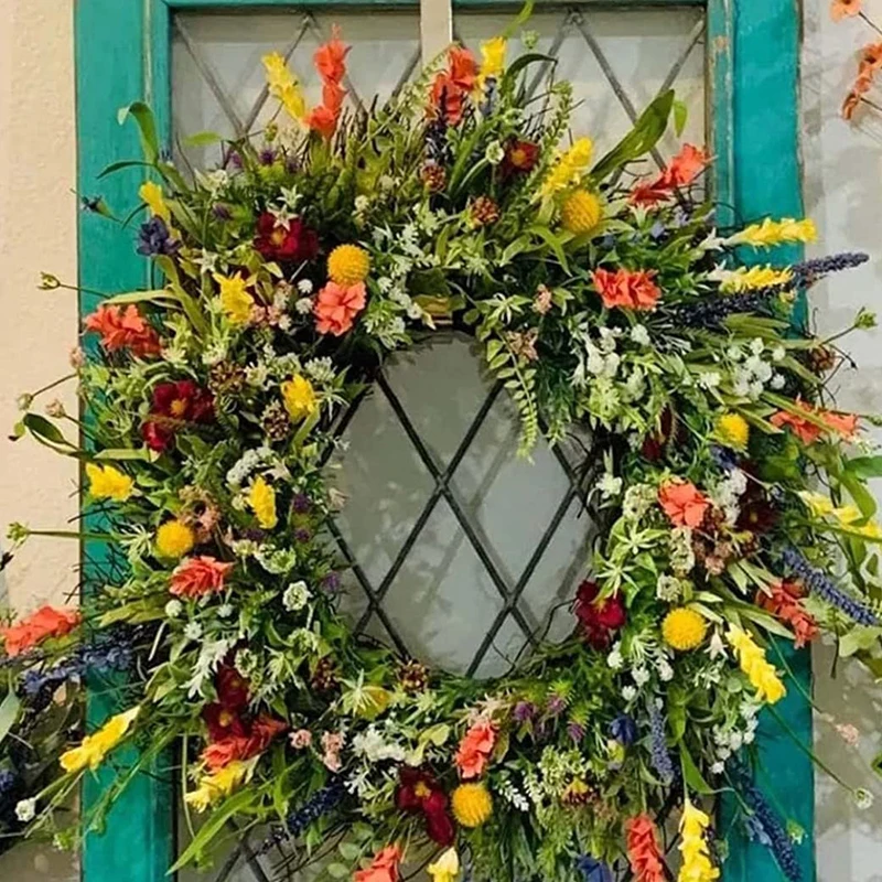 Wildflower Wreath Spring and Summer Wreath Front Door Simulation Dried Flower Wreath Buttercup Fresh Green Plant Immortal Flower