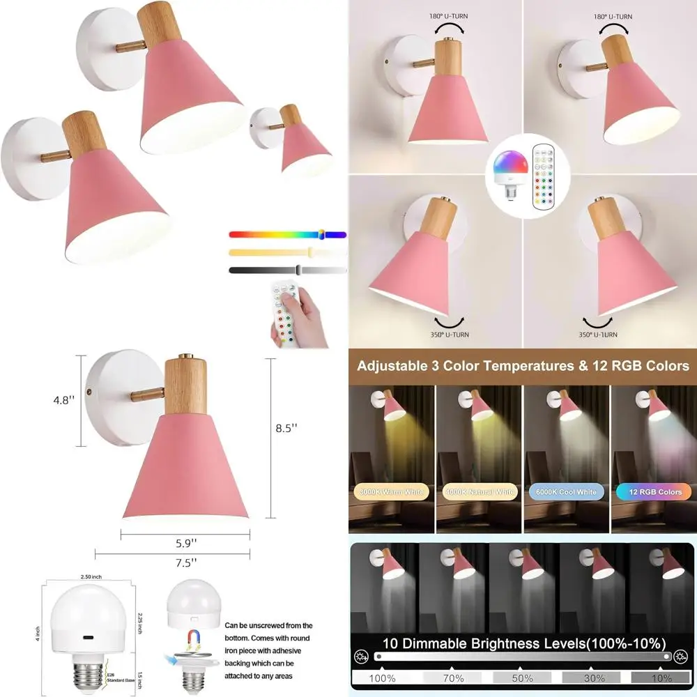 

Set of 2 Cordless Wall Sconces with Remote, Adjustable Wireless Lighting, Rechargeable Dimmable Bulbs for Home Decor (Pink)