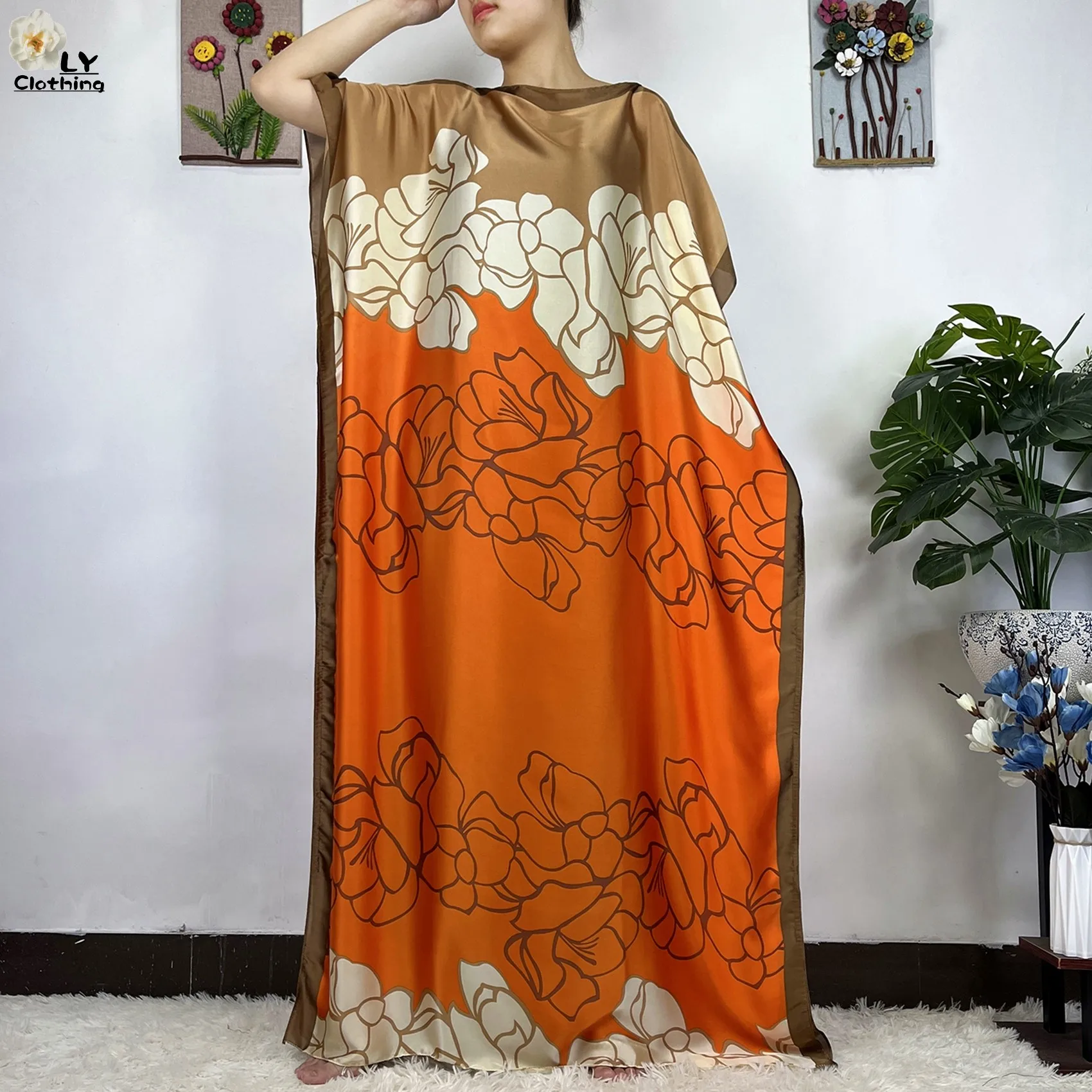 2023 New African Fashion Short Sleeve Colored Pattern Dubai Women Summer Real Silk Soft Printing Loose Tradition Muslim Dress