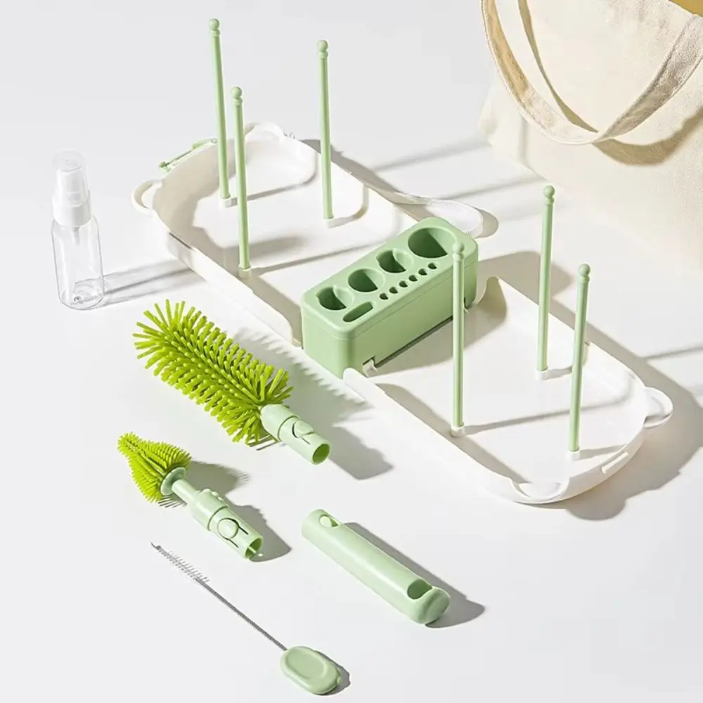 Práctico juego de cepillos para biberones con soporte, juego de herramientas de lavado con mango largo, limpiador de botellas de agua con rotación de 360 grados