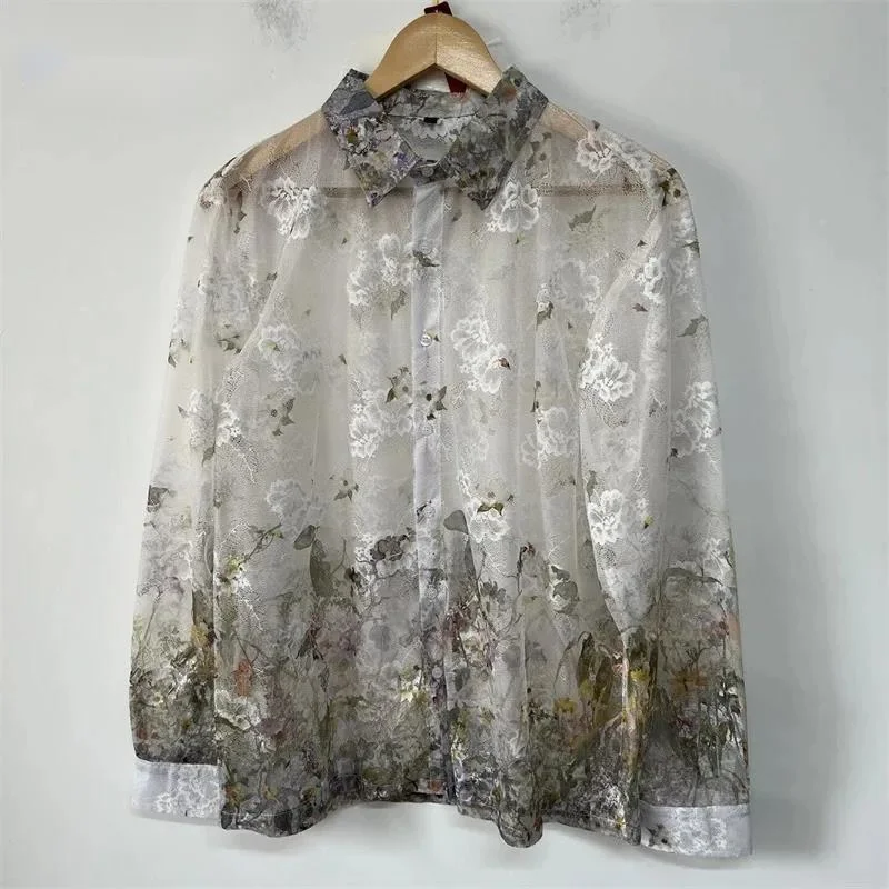 Vintage Washed Floral Print Lace Long Sleeve Shirt Men See Through Loose Lapel Single Breasted Casual Tops BAR21
