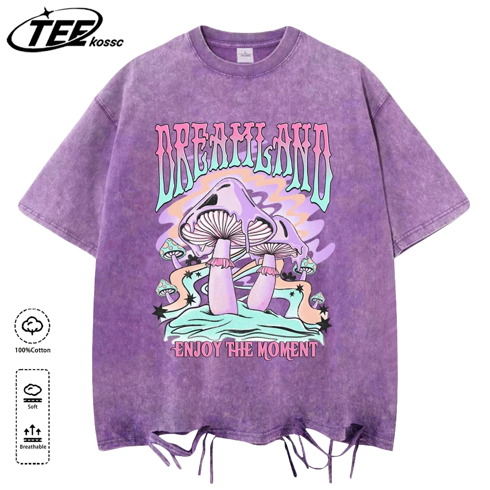 Dreamland Genießen Sie den Moment Drucken Schneewaschlöcher Männliche T-Shirts Hip Hop All-Match Tops Lässige Baumwollkleidung O-Ausschnitt Kurzarm
