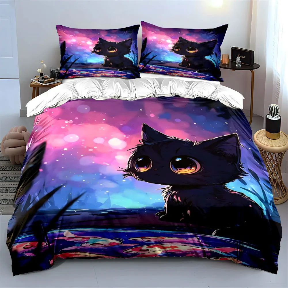 Black cat gazes by koi pond. Printed Duvet Cover Set 1 Duvet Cover+2 Pillowcase Multi Size Bedroom Bedding Decoration