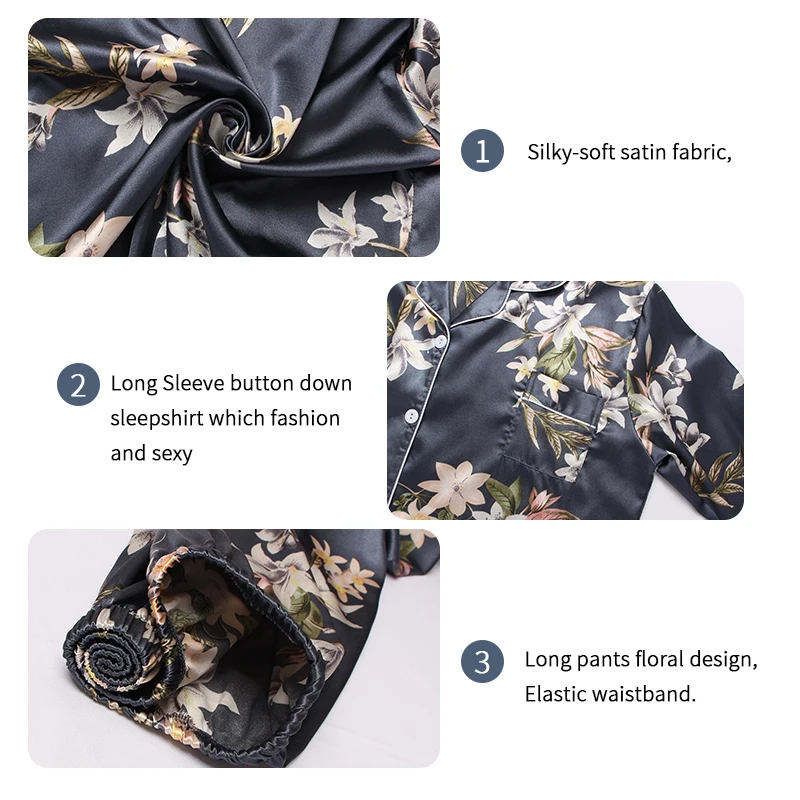 Women Autumn Winter Pajama Sleepwear Loungewear Long Sleeve 2 Piece Pajama Sets Floral Print Satin Comfortable Lounge Sets