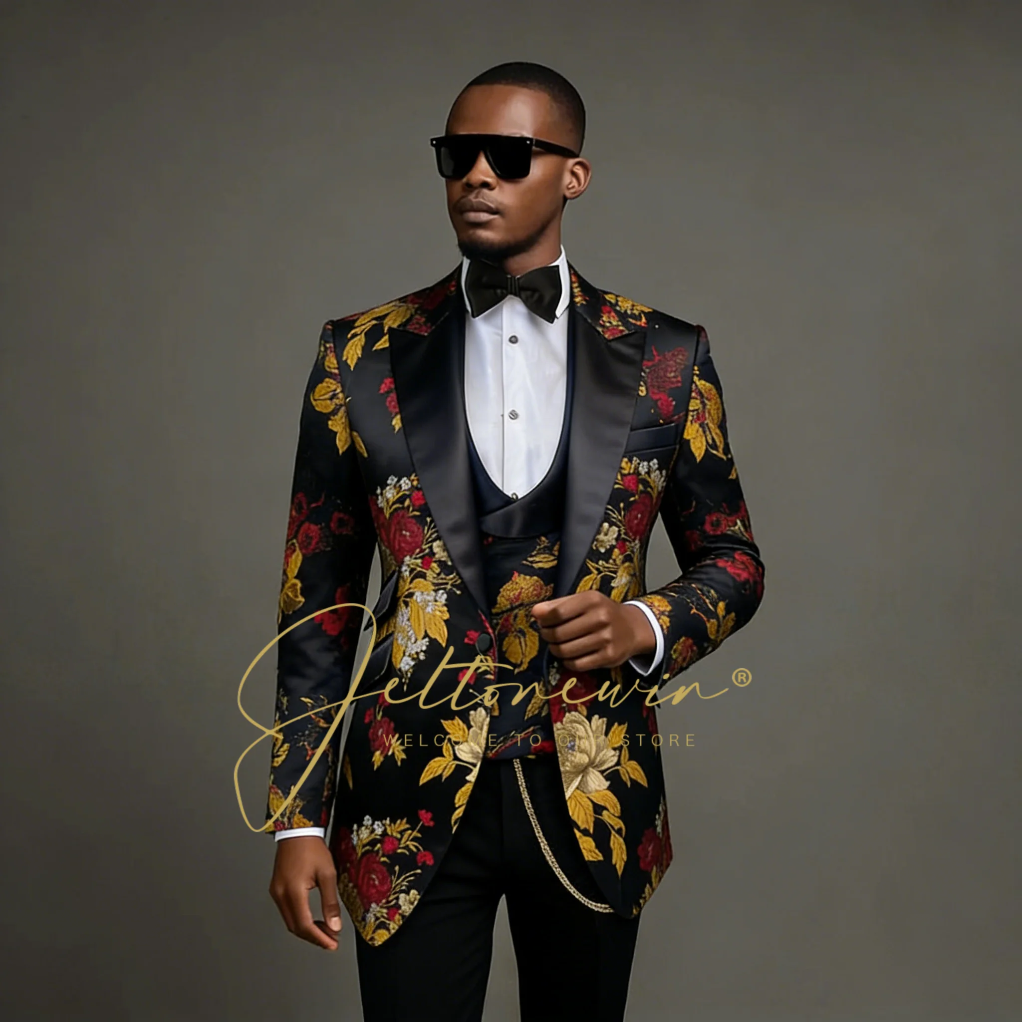 Latest Coat Pant Designs Party Men Suits Formal Groom Floral Suit Peaked Lapel Slim Fit Mens Tuxedo Wedding Suits For Men