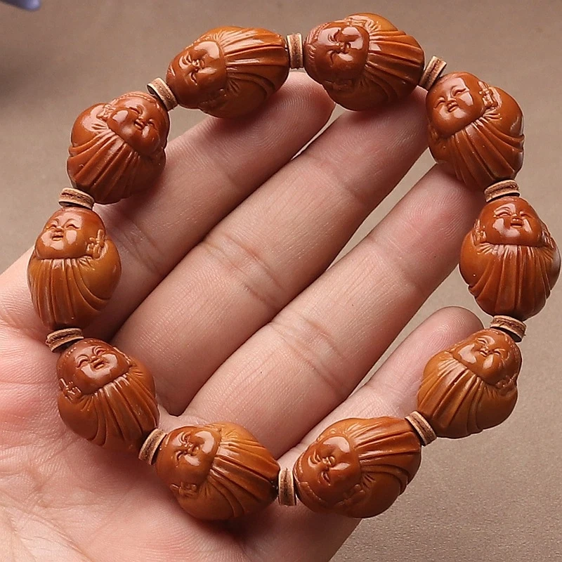 Handmade Olive Small A-Fu Single-Loop Buddhist Bead Bracelet With Patinaed Red Stone And Various Styles