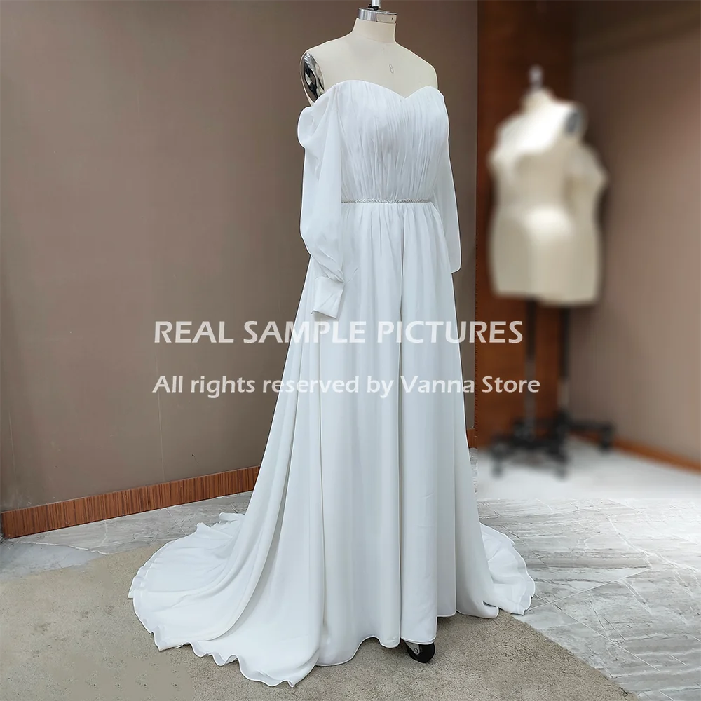 Off The Shoulder Ruched Chiffon Wedding Dress Simple Pleated Beach 2021 Cheap Backless Long Puffy Sleeves Bridal Gown 10144