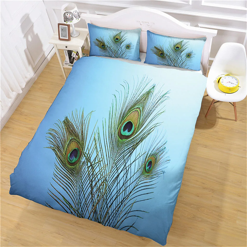 HUANZHUANG Bedding Set Boys Girls Blue Animal Feather Twin Queen Size Duvet Cover Pillowcase Adult Home Textileextile Decoration