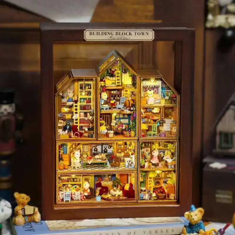 

DIY Wooden Miniature Building Kits Mini Rabbit Town Casa with Frame Assembled Dollhouse Bookshelf Home Decoration Friends Gifts