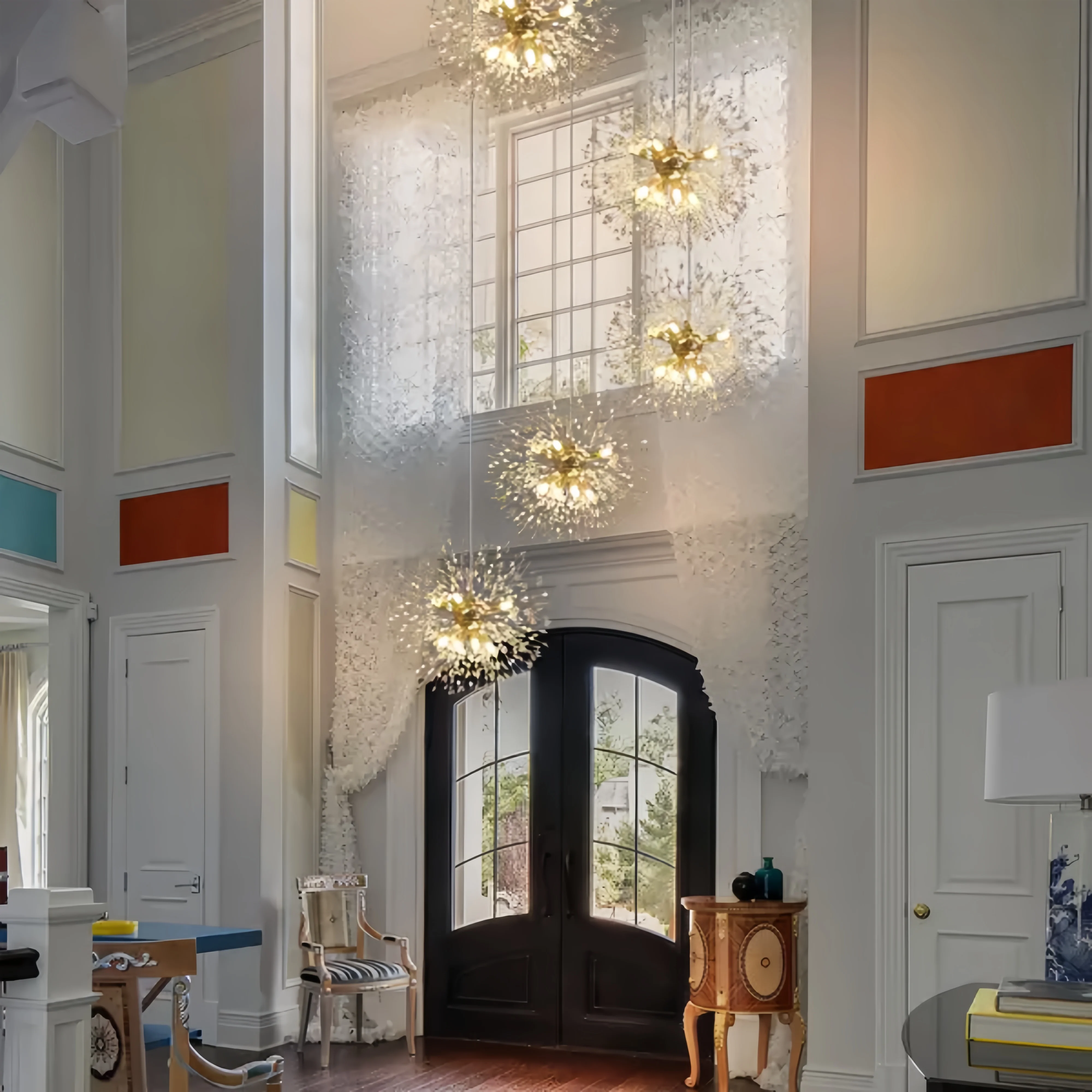 

Modern Firework Chandelier For Staircase Loft Vila Living Room Silver Nordic Long Lustre Hanging Led Sputnik Chandelier Lobby