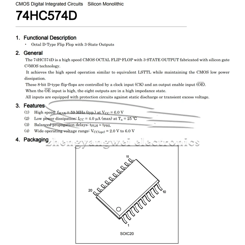 74HC574D patch SOP-20 7.2mm wide body 10PCS Octal D-type flip-flop; positive edge-trigger; 3-state