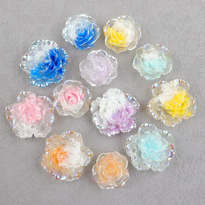 10PCS Electroplating two-color rose resin accessories hairpin DIY cream glue phone case material camellia flower cave shoes acce