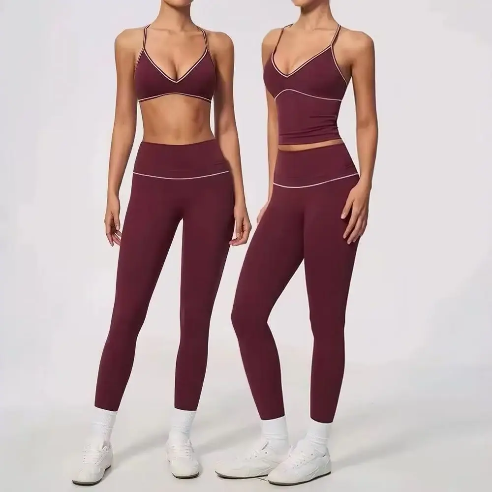 Women 2Pcs Tracksuit High Waist Contrast Trim V Back Push Up Leggings with Padded V Neck Crop Top Gym Fitness Yoga Sportswear