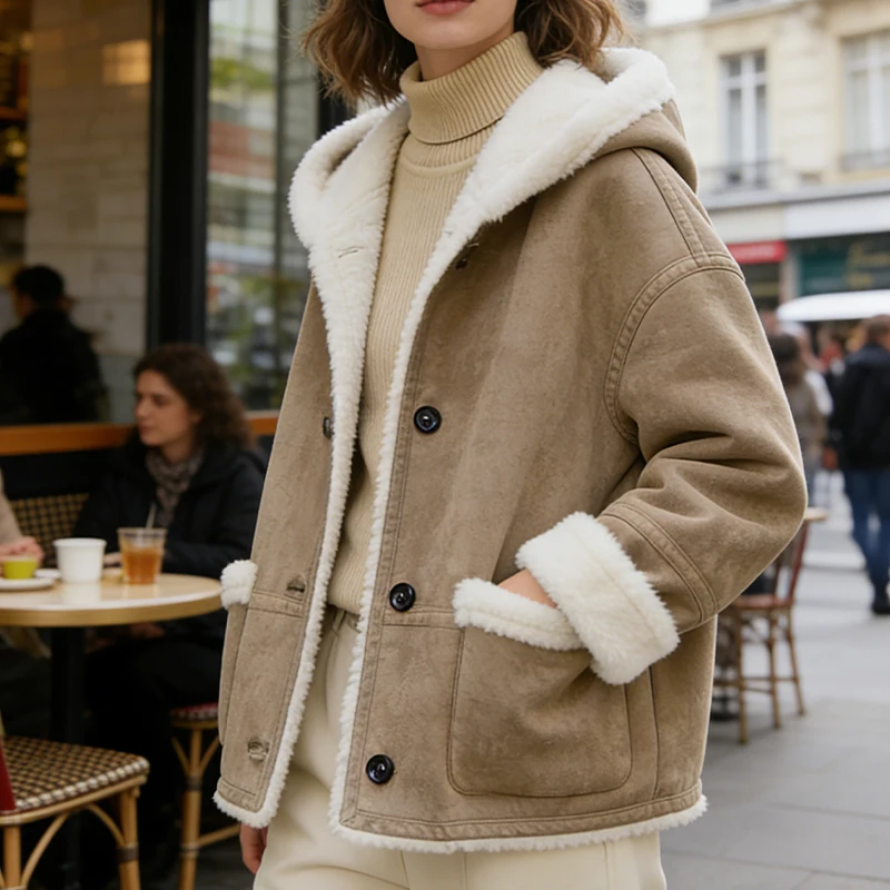 

Зимняя женская куртка из искусственной замши с подкладкой из шерпы, однотонная, повседневная, свободного кроя, с капюшоном, теплая, для ежедневной носки, прогулок по улице, посещения кофейни и отдыха.