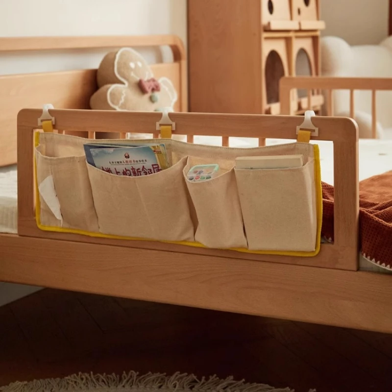 Solid Wood Bed Guard for Toddlers Newborns 3in1 Convertible Safety Fence Machine-Washable Storage Pockets ‌Tool-Free Assembly