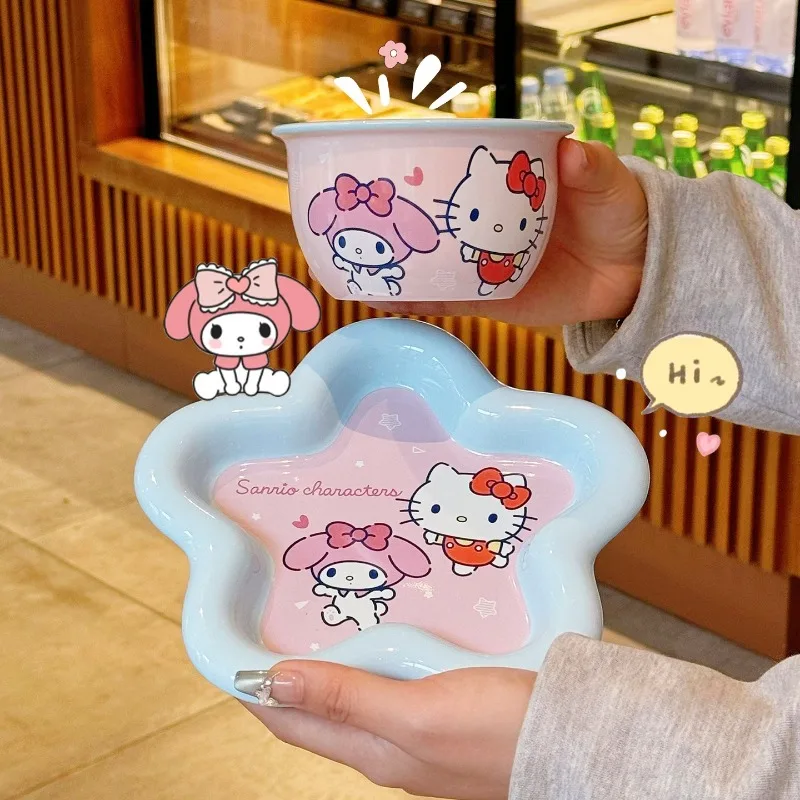Cartoon Cat Print Ceramic Dinnerware Set High-Value Bowl Plate Chopsticks Spoon Combo Kawaii Tableware Kit for Women Home Gift view 3