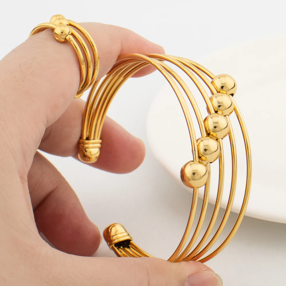 Luxury Cuff Bangles with Ring African Dubai Gold Color Lucky Beads Charm Bracelet Fashion Wedding Jewelry Party Christmas Gifts