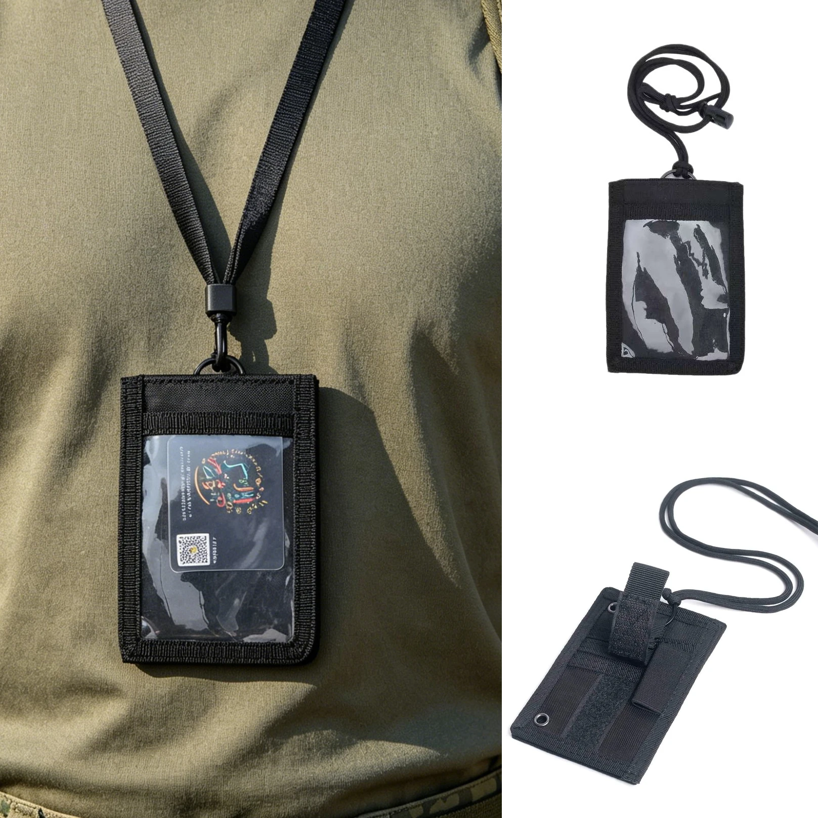 Tactical ID Card Holder with Lanyard Outdoor Tour Guide Badge Holders Hook Loop Patch Travel Pouch Pen Purse