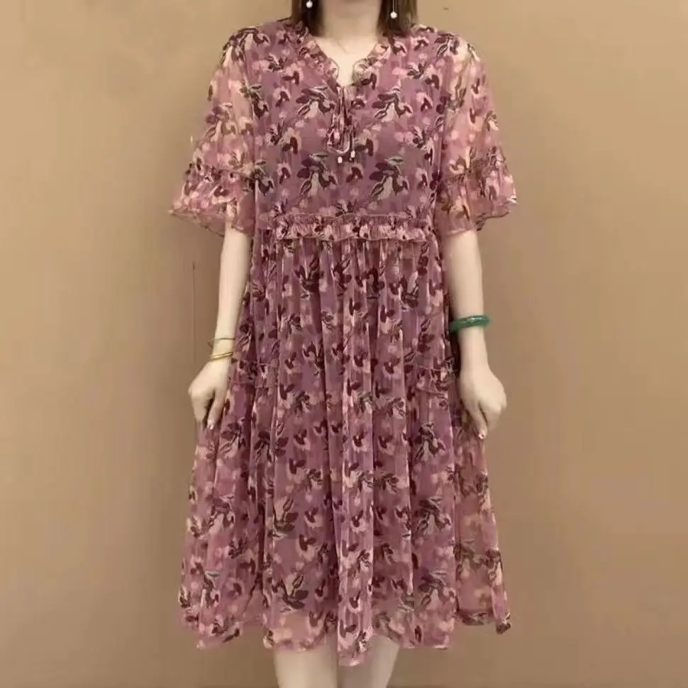 High-end temperamento vestido feminino verão novo estilo de meia-idade mãe reduzindo a idade moda gola de malha floral saia linha a