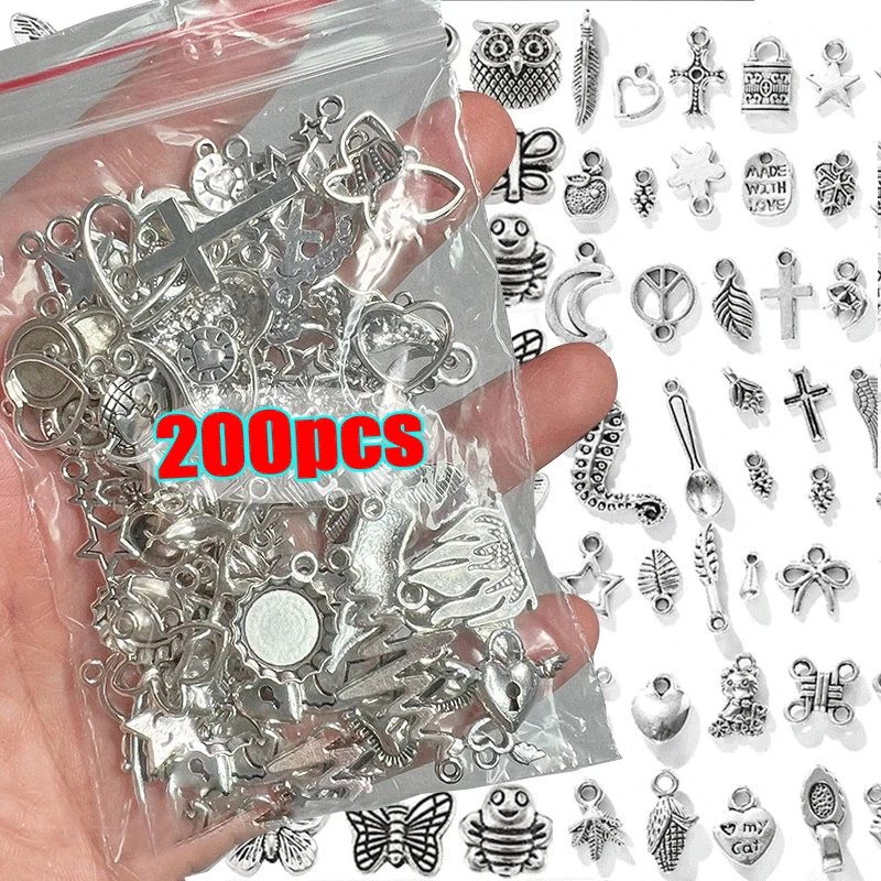 100/200pc Tibetan Silver Mixed Heart Butterfly Key Crown Charms Pendants DIY Jewelry for Necklace Bracelet Making Accessaries