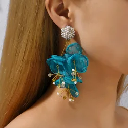 Elegant Fashion Yarn Flower Charm Decor Long Dangle Drop Earrings For Women Trend Luxury Female Unusual Wedding Party Jewelry