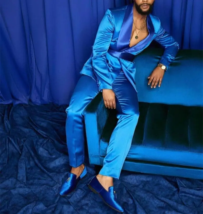 Costumes argentés en satin pour hommes, ensemble de blazer sur mesure, coupe couvertes, bleu royal, smoking brillant, marié italien, Rhde mariage,