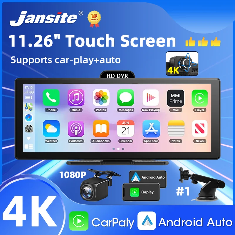 11.26 Inch 4K DVR Wireless CarPlay & Android Auto Dash Cam Bluetooth Audio GPS Navigation Dashboard Dual Lens Video Recorder 