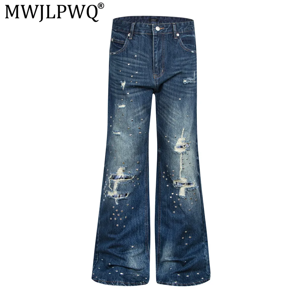 MWJLPWQ Men's Ripped Distressed Wide-Leg Flared Jeans Trendy Hippie Design Unique Wash Trousers 2026 Autumn Spring New 21440