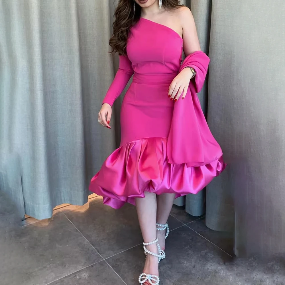 

Fuchsia Stretch Satin Prom Evening Dress Slanted Shoulders Knee-Length Luxury Cocktail Gown vestidos de noche Customized 2025