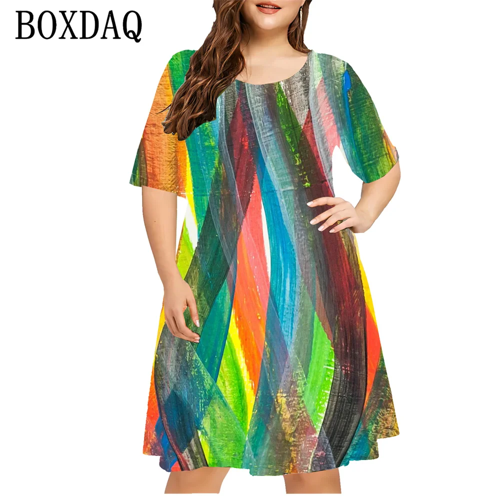 Gradient Painting Striped 3D Print Dress Casual Fashion Short Sleeve Loose Ladies Dress Summer Plus Size Women Clothing 8XL 9XL