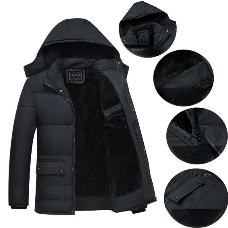 Winter Parkas Men Fleece Lined 2023 Thicken Warm Waterproof Jacket Long Sleeves Coat Black Outerwear Pocket Casual Loose Top