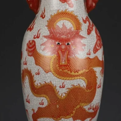 24.5cm Chinese Old Famille Rose Crackle Glaze Porcelain Dragon Pattern Vase