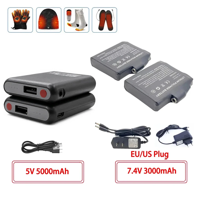 Winter Heated Socks Batteries 7.4V 3000mah 5V 5000mah Li-Polymer Battery Packs for Warm Gloves Clothes Hat Charger Power Bank
