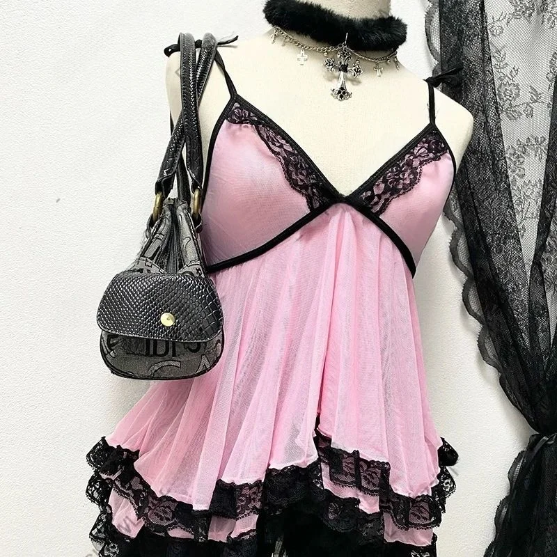 Unique Harajuku Rock Goth Y2k Mesh Yarn Tank Top Women's Fashion Hipho 2000s Style Spring Season Other Material 100%