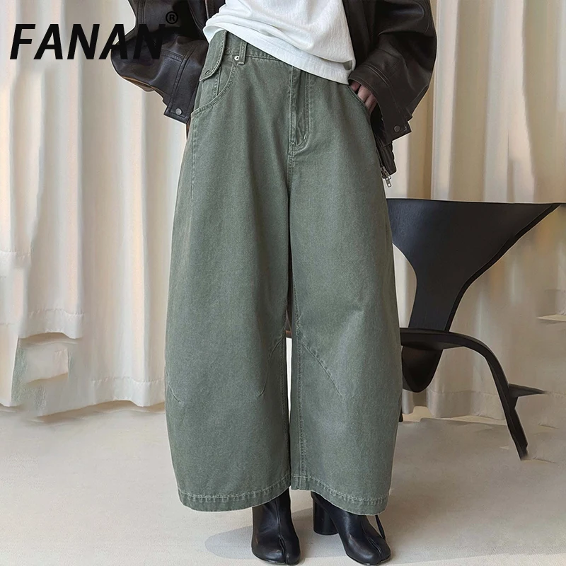

FANAN винтажные прямые широкие брюки для женщин, однотонные уличные брюки с высокой талией, модная женская одежда, новинка весны 2026 г.