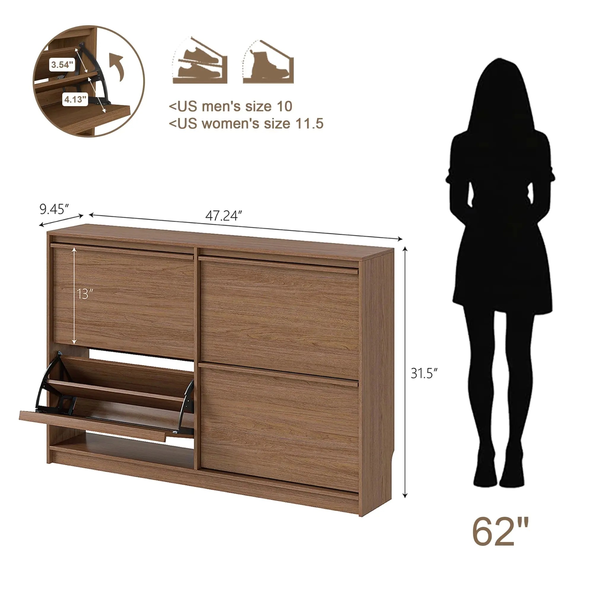 Shoe Storage Cabinet for Entryway with 4 Flip Drawers, Wooden Shoe Organizer Cabinet with Adjustable Shelf, Slim