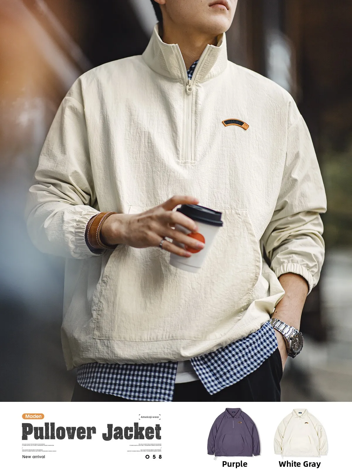 

Maden Retro American Workwear Jaet Sweatirt Zipper Collar Men's Spring Spor Overhead Coat Stand Fit Nylon Fiber