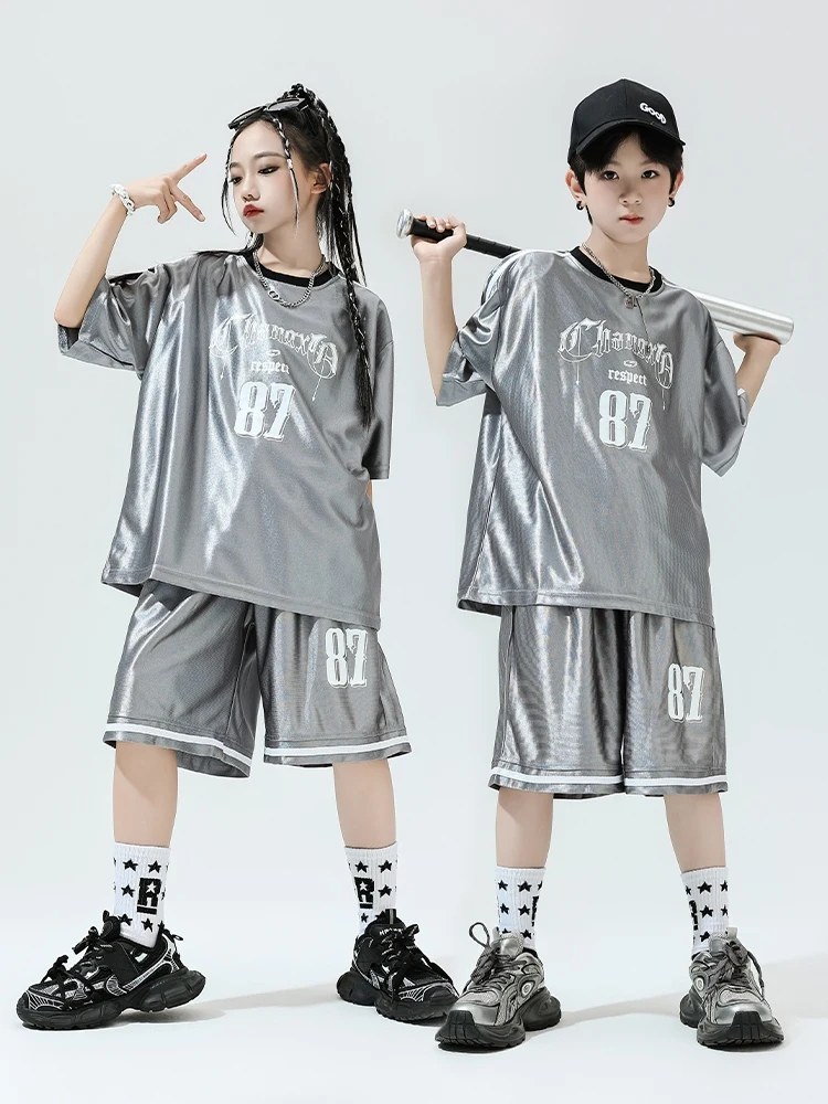 

2024 New Children Jazz Modern Dance Costumes For Girls Sliver Sports Outfits Boys Practice Clothes Hip Hop Rave Clothes DQS16614