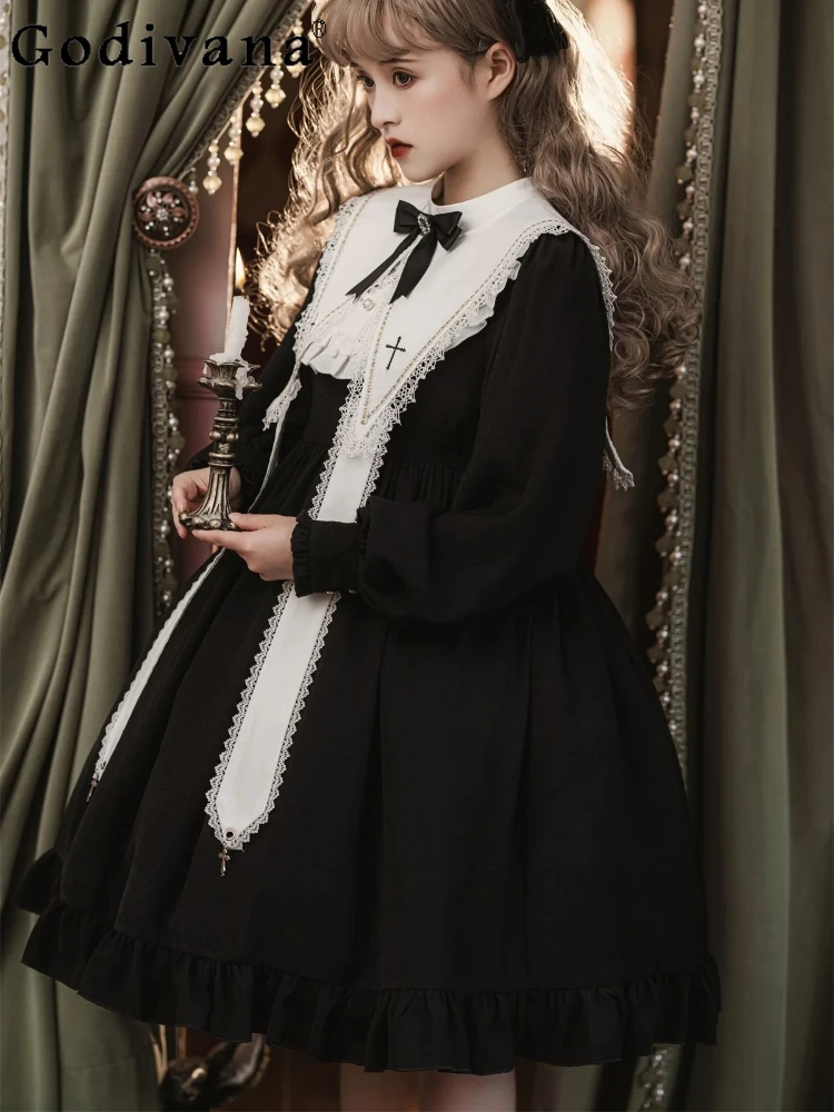 

Sweet Bow Halloween Black Cos High Waist Lolita Party Dress Spring Autumn Fashion Goth Dark Long Sleeve A-line Daily Dresses