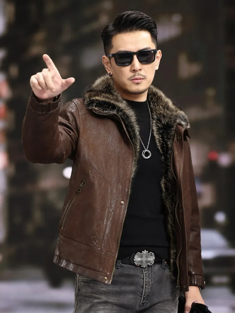 Winter Mens Warm Raccoon Fur Collar Down Jacket Slim Fit Sheepskin Genuine Leather Jacket Vintage Business Work Thick Overcoat