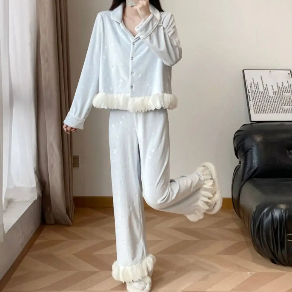 

Loose Long Sleeve Bow Pajamas Set Sweet Ruffle Velvet Pajamas Suit Long Sleeves Casual Warm Thicken Sleepwear Autumn Winter