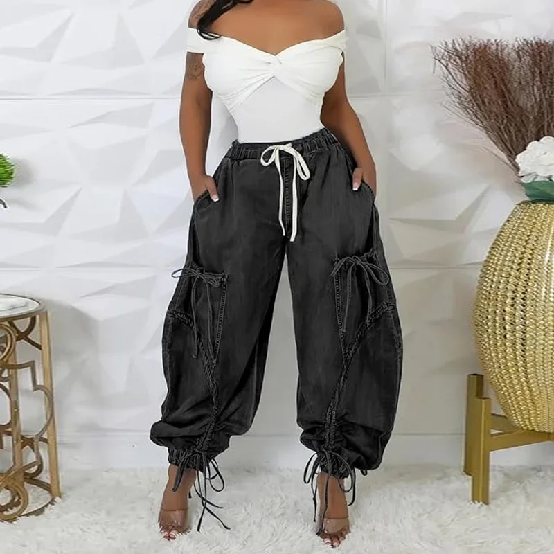 Jeans Longgar Serut Pinggang Elastis Celana Harem Denim Dicuci Pinggang Tinggi Banyak Saku Kasual Pakaian Jalanan Wanita