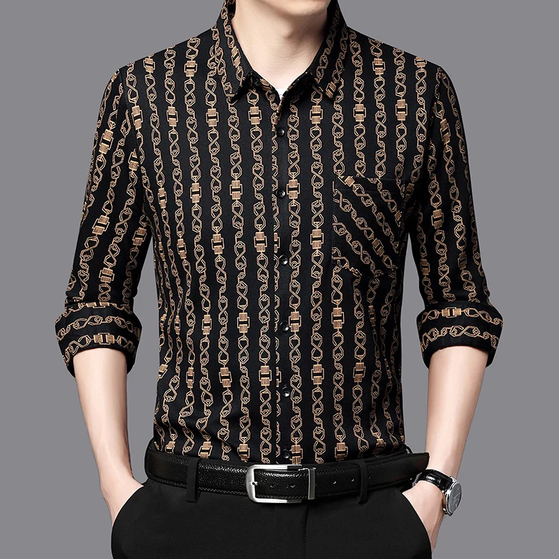 Luxury Chain Printed Gold Gents Casual Shirts Husband Business Blouses Large Size Designer Stylish Mens Clothing Social Outfits