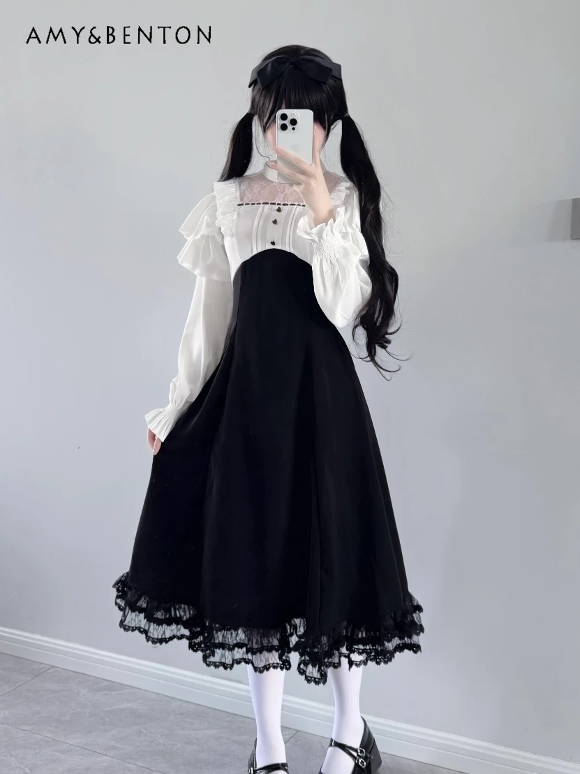

Elegant Lolita Style Patchwork Dress Japanese Mine Series Mass-Produced Lace Print Round Neck Long Sleeve Slim Long Dress Women