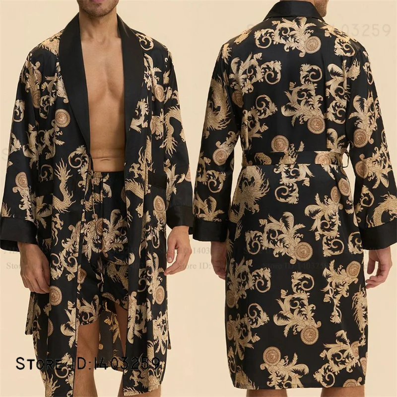 

Plus Size Men's Sleepwear 2PCS Robe Pajamas Set Print Dragon Kimono Bathrobe Gown Spring Summer Nightwear Silk Satin Homewear