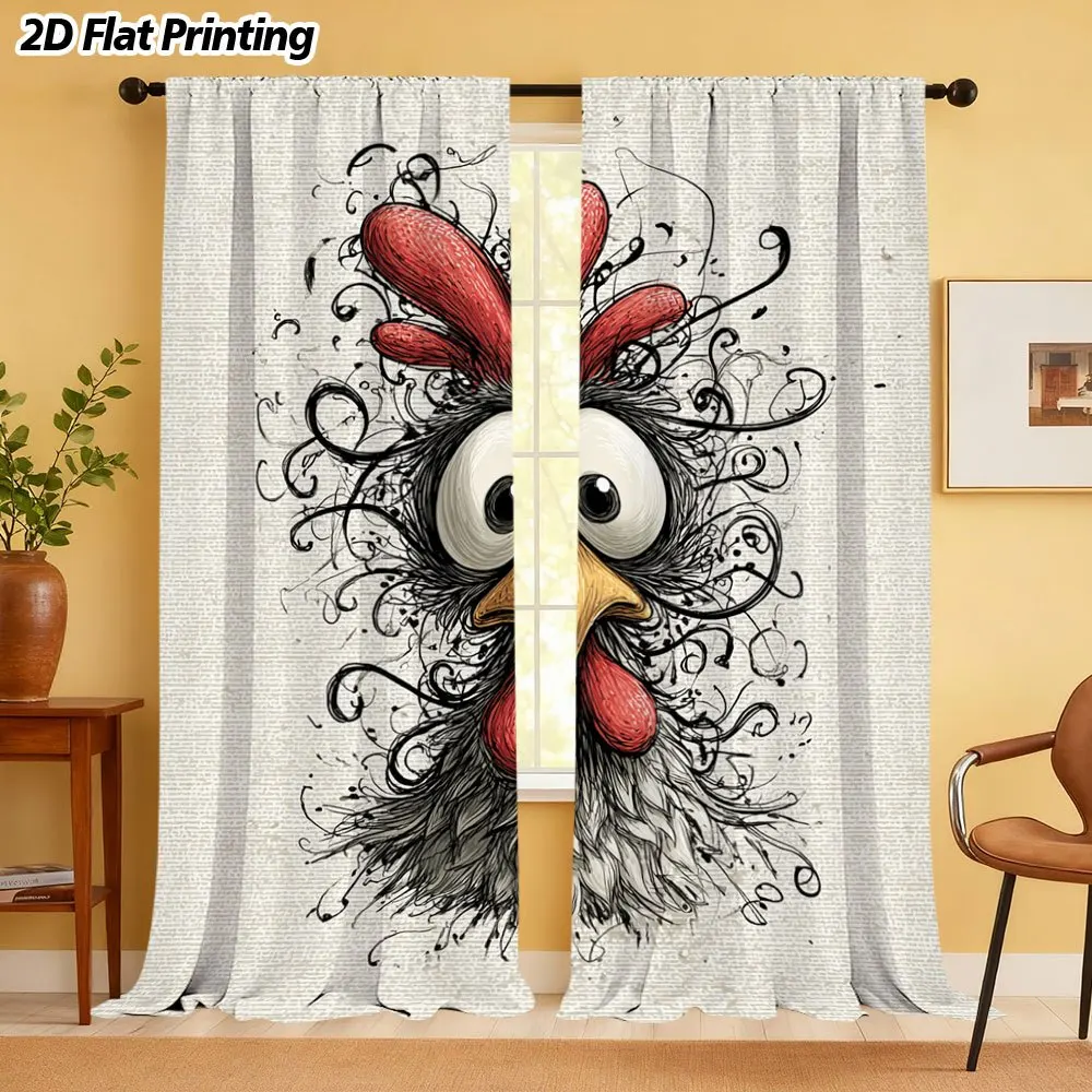 Funny Rooster Head Curtain, Black White Sketch Art Drape, Quirky Farm Animal Home Decor for Living Room Kitchen Window Treatment