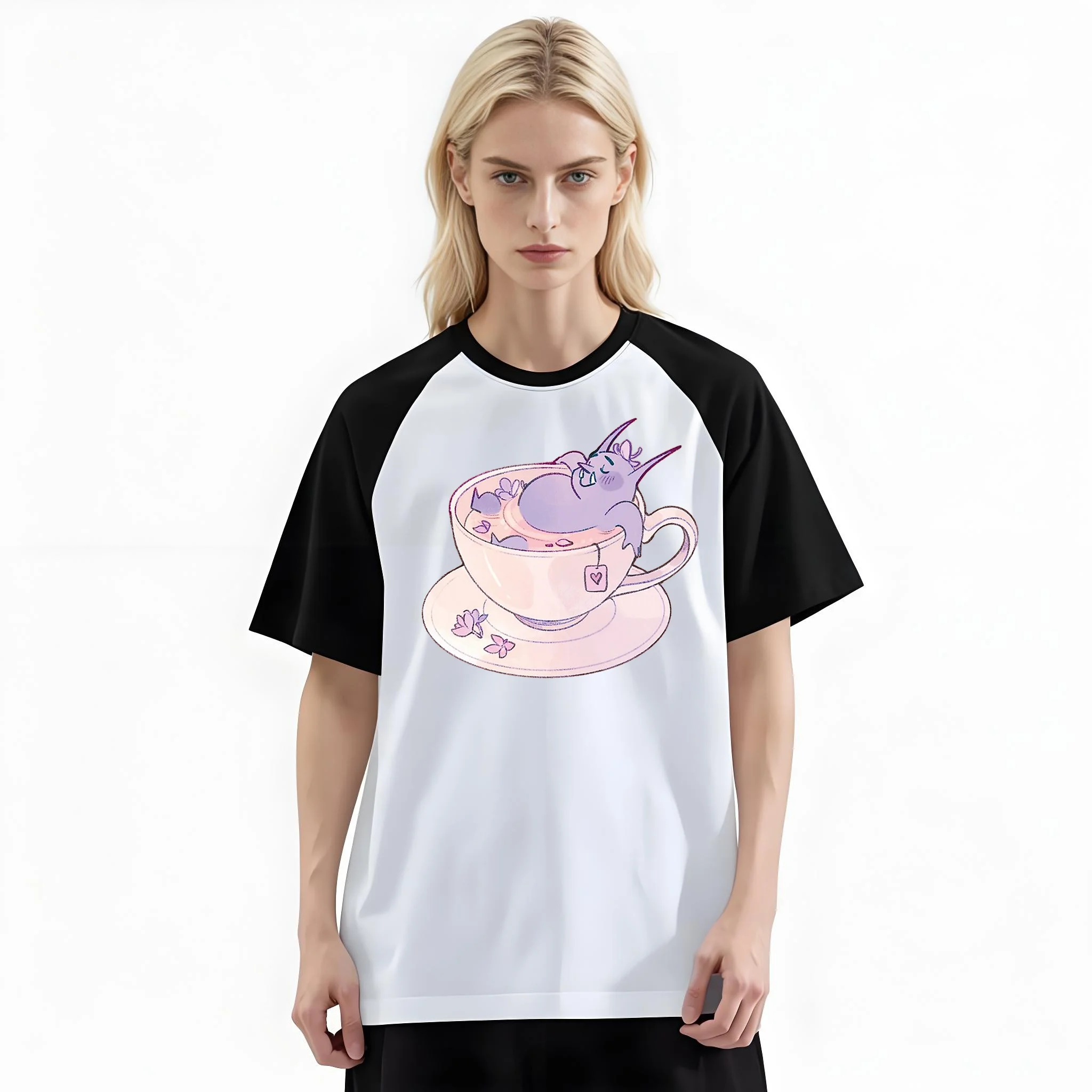 Women'S Fashion Raglan Sleeve T-Shirt, Cute Purple Demon Bathing In Tea Cup Cozy Watercolor Printed, Summer Casual Comfortable Tee, Women'S Everyday Short-Sleeve Top