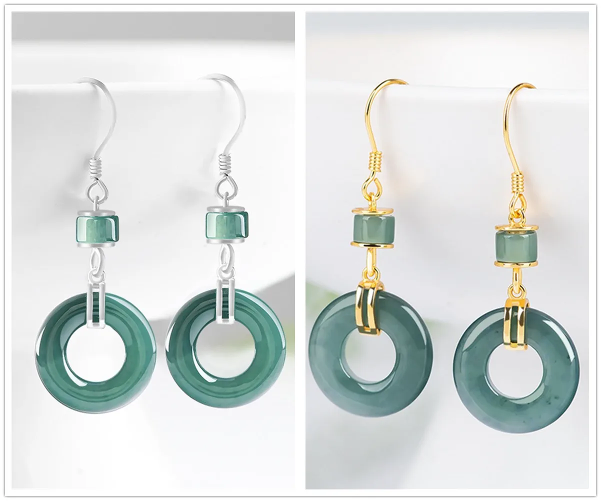 

925 Silver Natural Green Jadeite Hollow Round Buckle Dangle Lucky Earring Certificate Luxury Jade Earrings Bridal Gift Jewelry